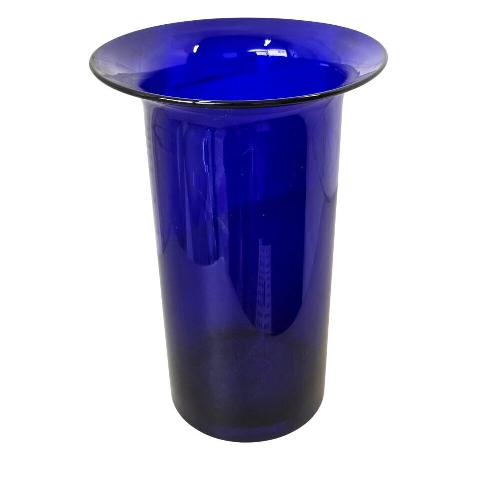 AAC Cobalt Blue Glass Vase 90s Handcraft Poland 12" Modern Art Glass Flared Rim